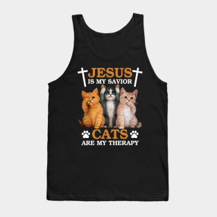 Jesus is My Savior Cat are My Therapy Christians Cat Lover Tank Top